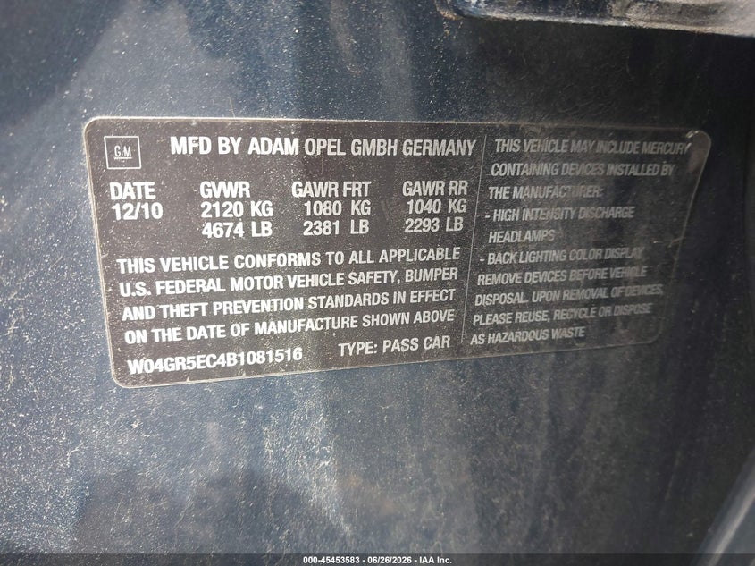 2011 Buick Regal VIN W04GR5EC4B1081516 IAAI salvage auction — NORMAL WEAR, Clear (New York), sold $700 on 2026-07-14 (photo 9)