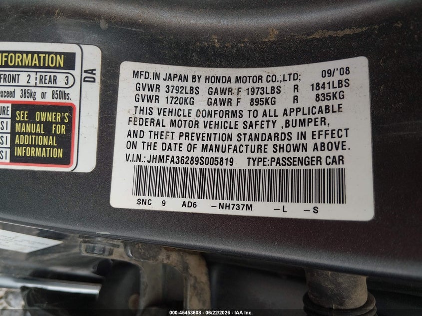 2009 Honda Civic hybrid VIN JHMFA36289S005819 IAAI salvage auction — NORMAL WEAR, Original (West Virginia), sold $100 on 2026-07-29 (photo 9)