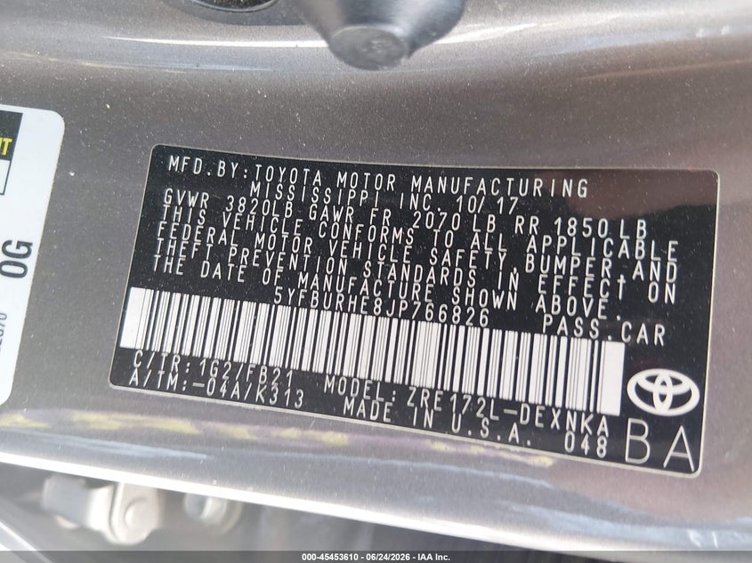 2018 Toyota Corolla VIN 5YFBURHE8JP766826 IAAI salvage auction — NORMAL WEAR, Clear (South Carolina), sold $2,650 on 2026-07-07 (photo 9)