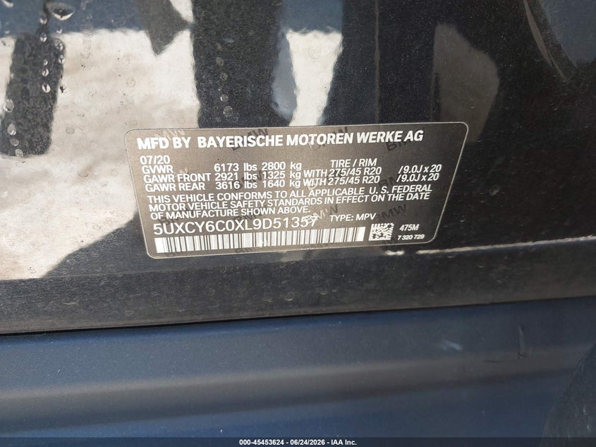 2020 BMW X6 VIN 5UXCY6C0XL9D51357 IAAI salvage auction — RIGHT SIDE, Salvage (California), sold $18,800 on 2026-07-30 (photo 9)