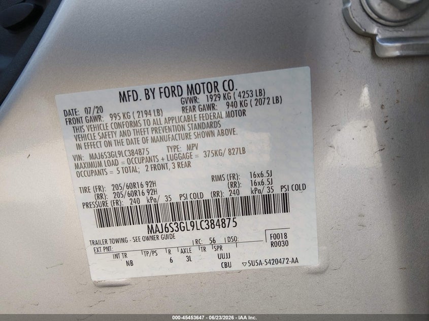 2020 Ford Ecosport VIN MAJ6S3GL9LC384875 IAAI salvage auction — RIGHT FRONT, Salvage (Illinois), sold $1,850 on 2026-07-22 (photo 9)