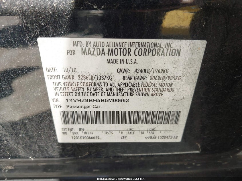 2011 Mazda 6 VIN 1YVHZ8BH5B5M00663 IAAI salvage auction — Normal Wear & Tear, Salvage, sold $675 on 2026-07-08 (photo 9)