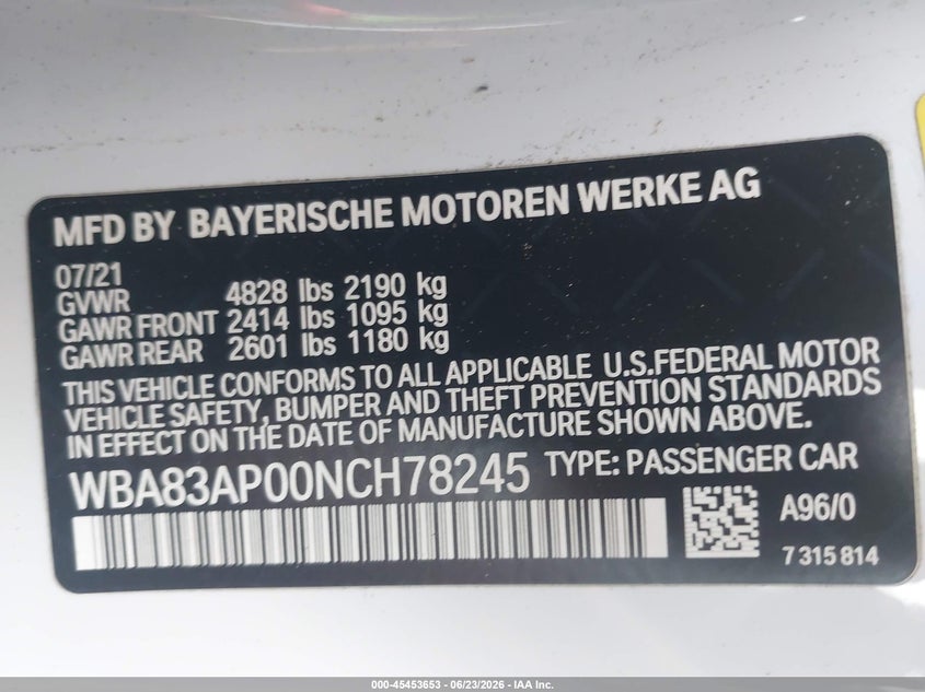2022 BMW 4er VIN WBA83AP00NCH78245 IAAI salvage auction — FRONT END, Salvage Title, sold $14,800 on 2026-07-30 (photo 9)