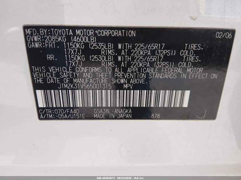 2006 Toyota Rav4 VIN JTMZK31V565001315 IAAI salvage auction — NORMAL WEAR, Original (Texas), sold $950 on 2026-07-15 (photo 9)