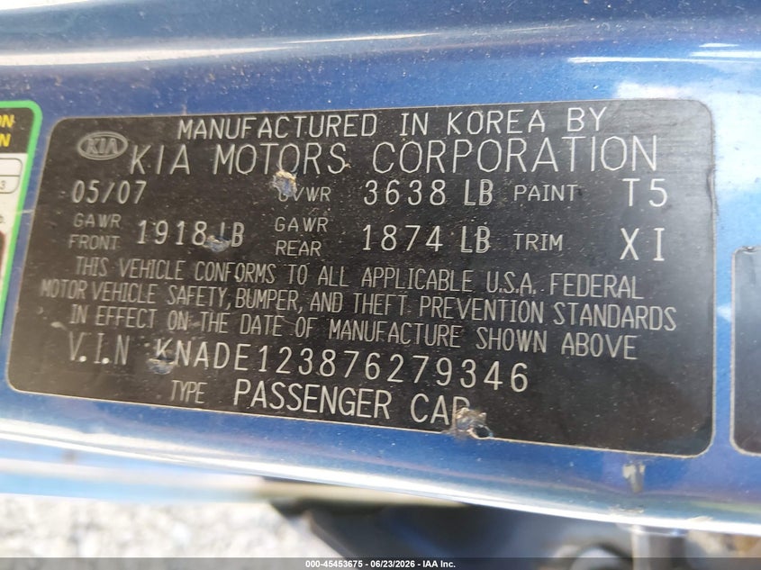 2007 Kia Rio VIN KNADE123876279346 IAAI salvage auction — FRONT END, Clear (Wisconsin), sold $250 on 2026-07-08 (photo 9)