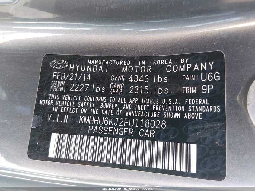 2014 Hyundai Genesis VIN KMHHU6KJ2EU118028 IAAI salvage auction — NORMAL WEAR, Clear (New Mexico), sold $575 on 2026-07-20 (photo 9)