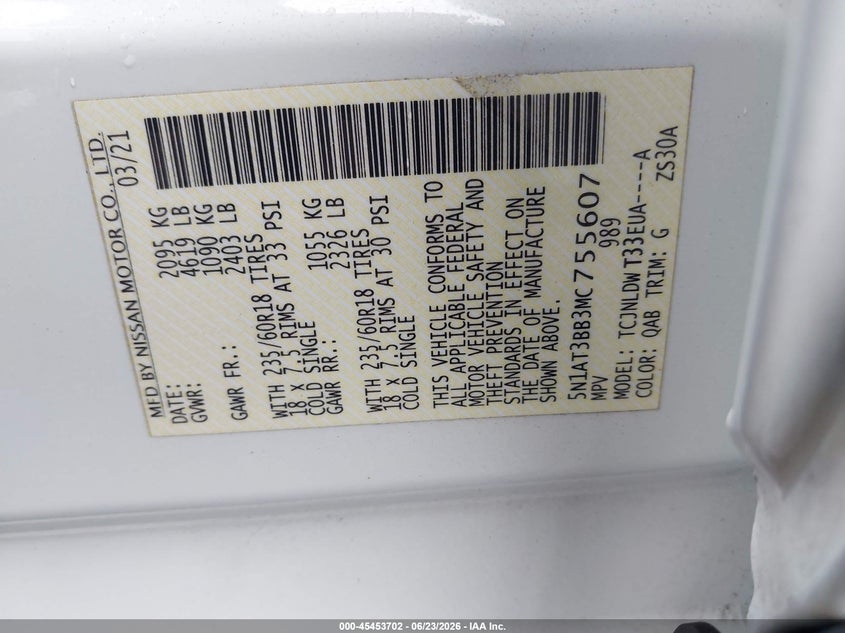 2021 Nissan Rogue VIN 5N1AT3BB3MC755607 IAAI salvage auction — FRONT END, Salvage Title, sold $3,750 on 2026-07-29 (photo 9)