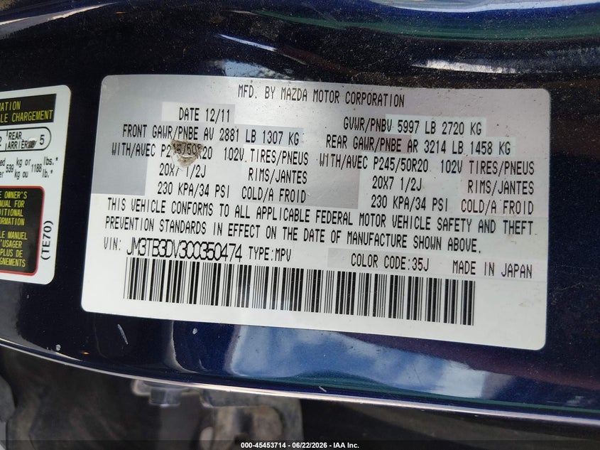 2012 Mazda Cx-9 VIN JM3TB3DV3C0350474 IAAI salvage auction — LEFT FRONT, Salvage (Kansas), sold $1,000 on 2026-07-31 (photo 9)
