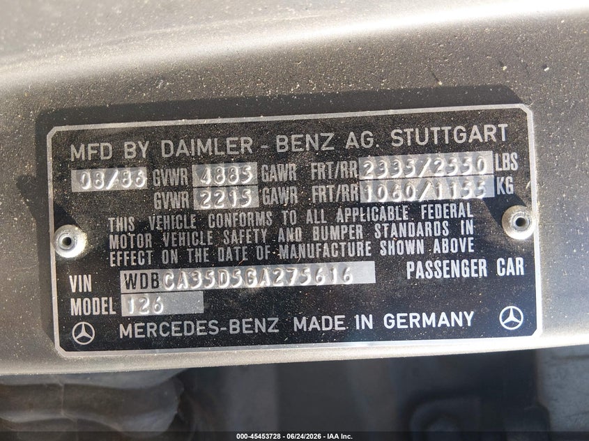 1986 Mercedes-benz VIN WDBCA35D5GA275616 IAAI salvage auction — NORMAL WEAR, Clear (Arkansas), sold $375 on 2026-07-29 (photo 9)