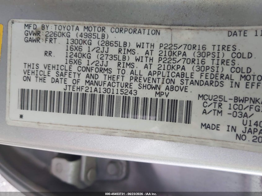 2003 Toyota Highlander VIN JTEHF21A130115243 IAAI salvage auction — NORMAL WEAR, Clear (Virginia), sold $475 on 2026-07-09 (photo 9)