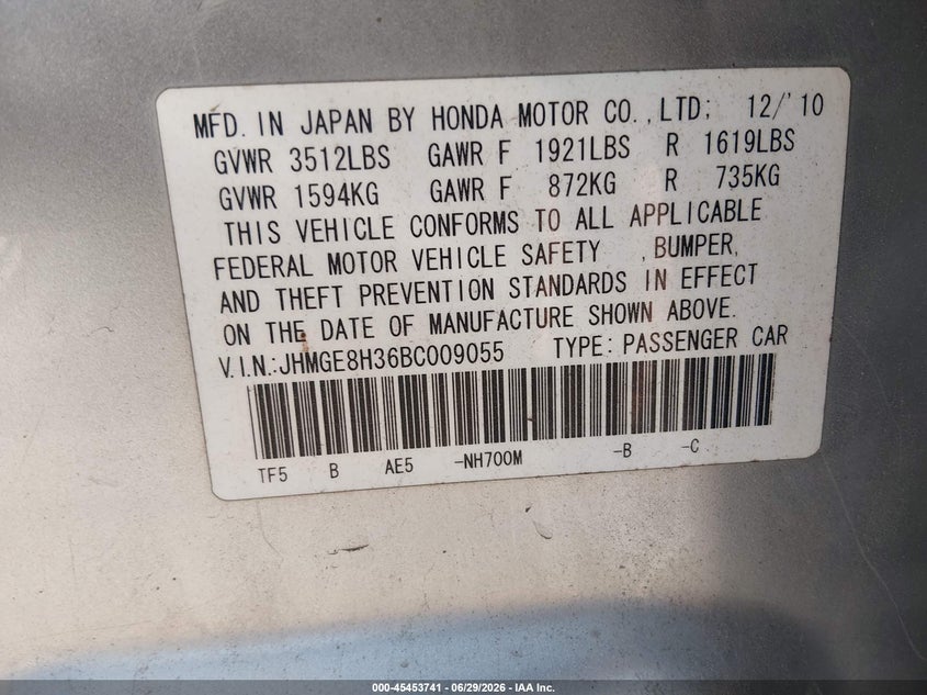 2011 Honda Fit VIN JHMGE8H36BC009055 IAAI salvage auction — FRONT END, Salvage (Ohio), sold $300 on 2026-07-28 (photo 9)