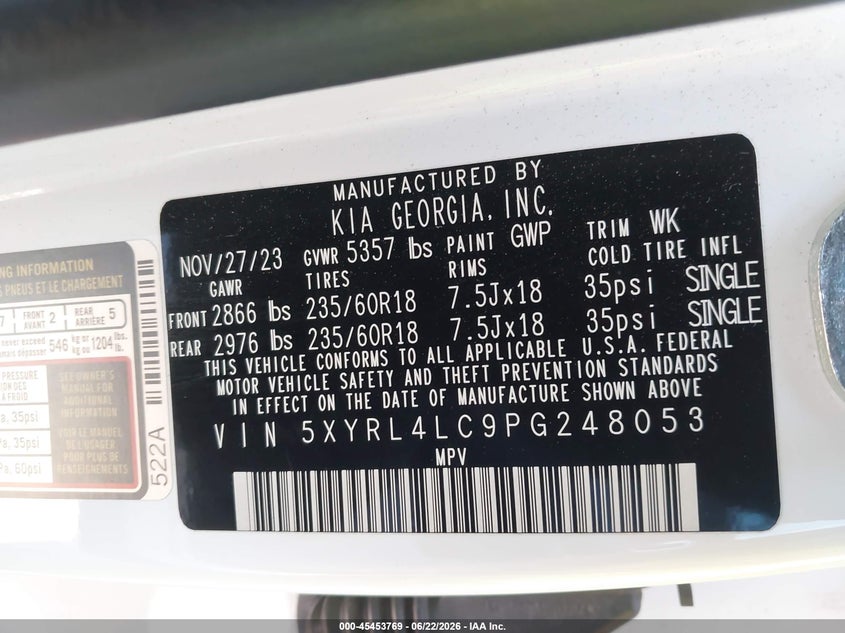 2023 Kia Sorento VIN 5XYRL4LC9PG248053 IAAI salvage auction — UNKNOWN, Salvage (California), sold $11,750 on 2026-07-06 (photo 9)