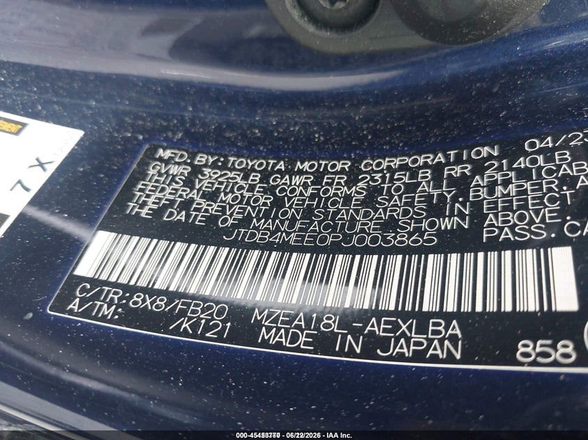2023 Toyota Corolla VIN JTDB4MEE0PJ003865 IAAI salvage auction — FRONT & REAR, Salvage Title, sold $2,825 on 2026-07-15 (photo 9)