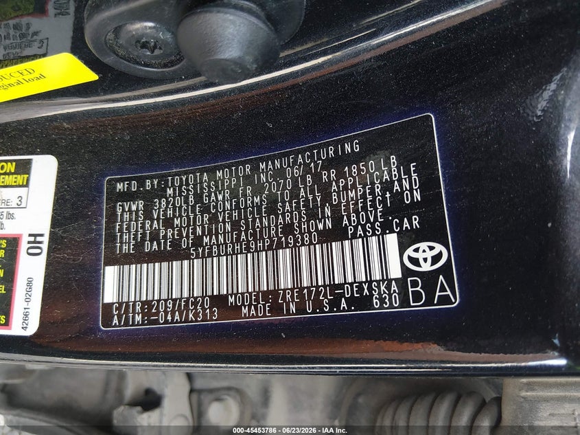 2017 Toyota Corolla VIN 5YFBURHE9HP719380 IAAI salvage auction — ROLLOVER, Salvage (Louisiana), sold $500 on 2026-07-22 (photo 9)