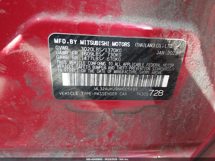 2022 Mitsubishi Mirage VIN ML32AUHJ9NH005493 IAAI salvage auction — REPOSSESSION, Repossession Paperwork (North Carolina), sold $350 on 2026-07-08 (photo 9)