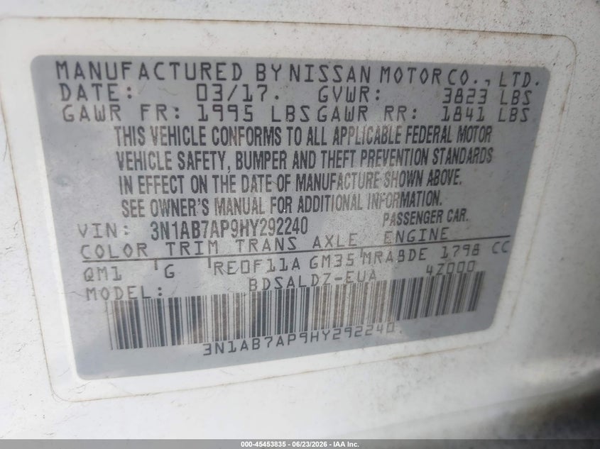 2017 Nissan Sentra VIN 3N1AB7AP9HY292240 IAAI salvage auction — LEFT SIDE, Salvage (Louisiana), sold $1,200 on 2026-07-19 (photo 9)