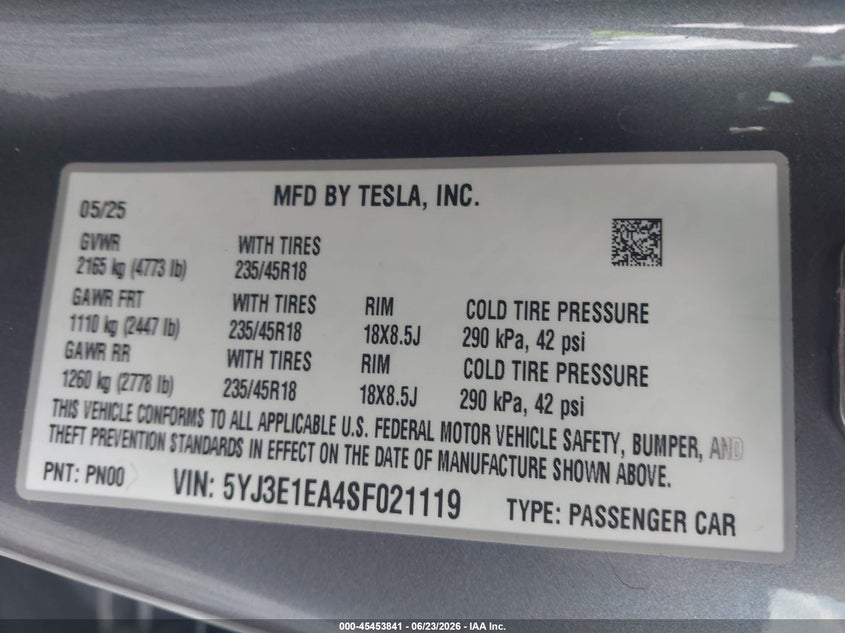 2025 Tesla Model 3 VIN 5YJ3E1EA4SF021119 IAAI salvage auction — FRONT END, Salvage Title, sold $14,250 on 2026-07-30 (photo 9)