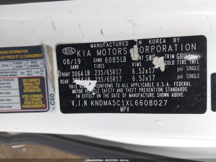 2020 Kia SEDONA VIN KNDMA5C1XL6608027 IAAI salvage auction — NORMAL WEAR, Clear (New York), sold $2,075 on 2026-07-28 (photo 9)