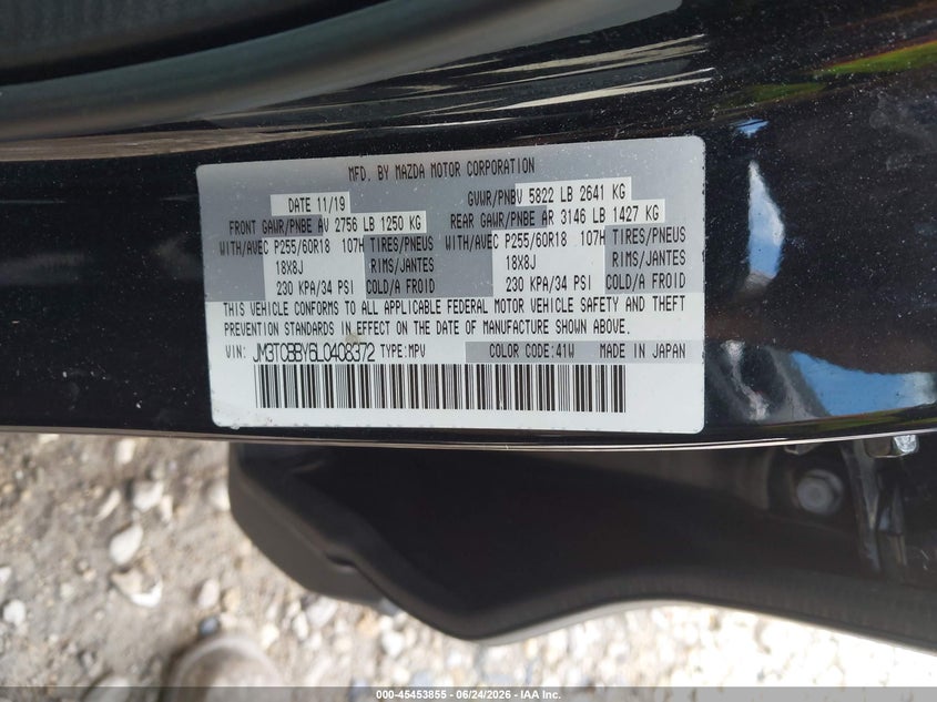 2020 Mazda Cx-9 VIN JM3TCBBY6L0408372 IAAI salvage auction — FRONT END, Junk Bill Of Sale Mv2459 (Wisconsin), sold $3,700 on 2026-07-30 (photo 9)
