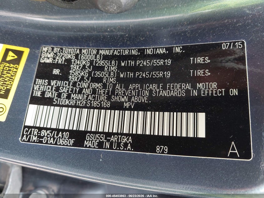 2015 Toyota Highlander VIN 5TDDKRFH2FS185168 IAAI salvage auction — LEFT FRONT, Salvage Title, sold $6,100 on 2026-07-22 (photo 9)