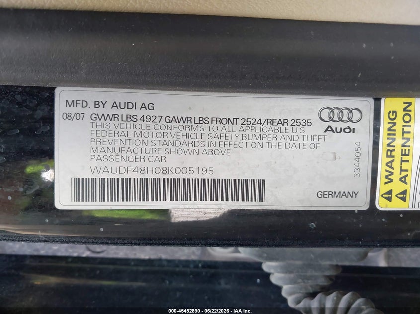 2008 Audi A4 VIN WAUDF48H08K005195 IAAI salvage auction — LEFT & RIGHT, Certificate Of Title (Nebraska), sold $500 on 2026-07-16 (photo 9)