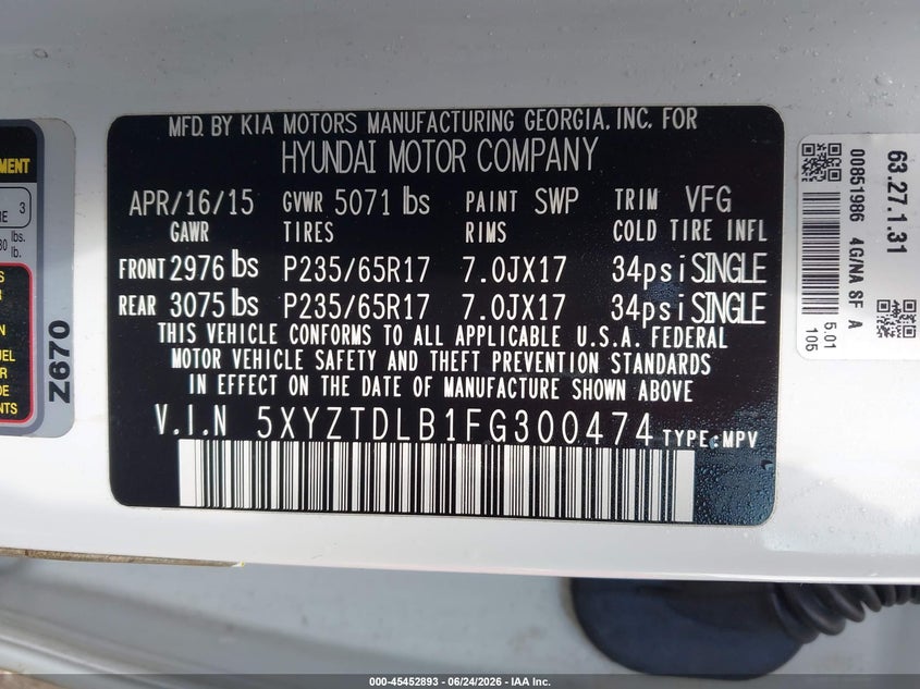 2015 Hyundai Santa fe VIN 5XYZTDLB1FG300474 IAAI salvage auction — LEFT REAR, Clear (Illinois), sold $1,600 on 2026-07-15 (photo 9)