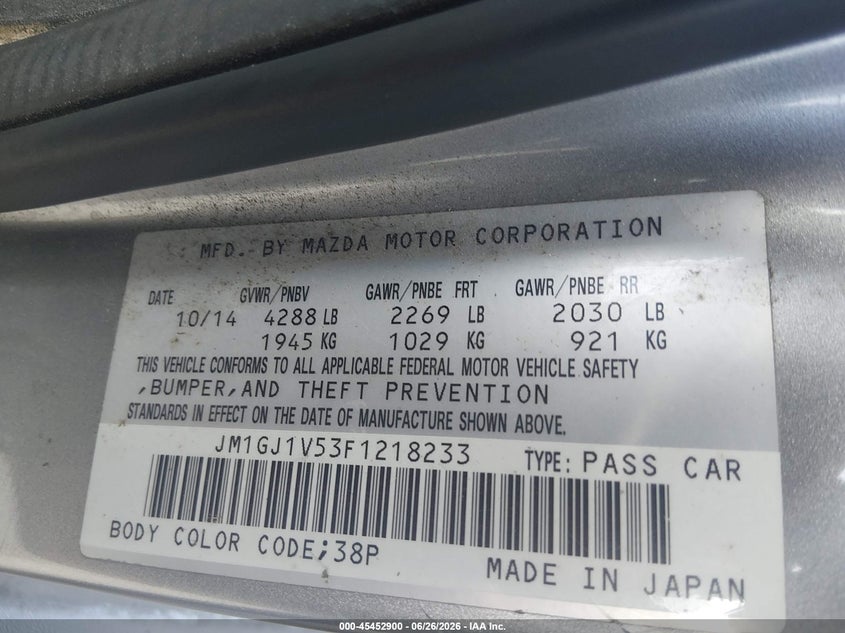 2015 Mazda 6 VIN JM1GJ1V53F1218233 IAAI salvage auction — FRONT END, Salvage Title, sold $1,475 on 2026-08-24 (photo 9)