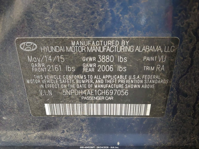 2016 Hyundai Elantra VIN 5NPDH4AE1GH697056 IAAI salvage auction — REAR END, Salvage Title, sold $1,200 on 2026-08-22 (photo 9)