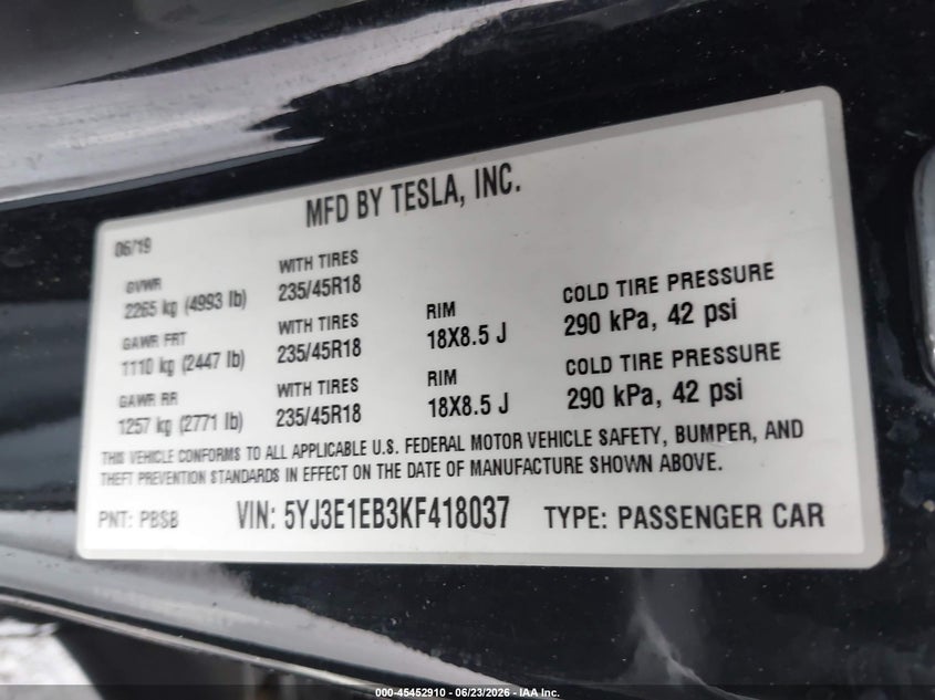 2019 Tesla Model 3 VIN 5YJ3E1EB3KF418037 IAAI salvage auction — FRONT END, Salvage Title, sold $4,550 on 2026-08-19 (photo 9)