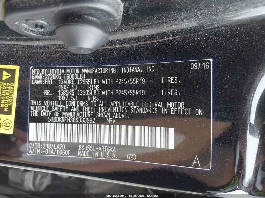 2016 Toyota Highlander VIN 5TDDKRFH3GS333992 IAAI salvage auction — FRONT END, Salvage (Ohio), sold $7,900 on 2026-07-08 (photo 9)