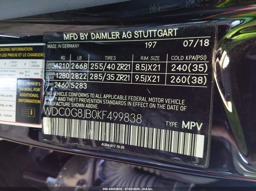 2019 Mercedes-benz VIN WDC0G8JB0KF499838 IAAI salvage auction — NORMAL WEAR, Original (Ohio), sold $25,200 on 2026-08-04 (photo 9)