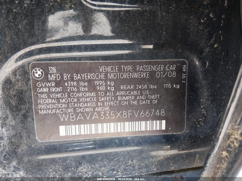 2008 BMW 3 series VIN WBAVA335X8FV66748 IAAI salvage auction — NORMAL WEAR, Clear (North Carolina), sold $425 on 2026-07-15 (photo 9)