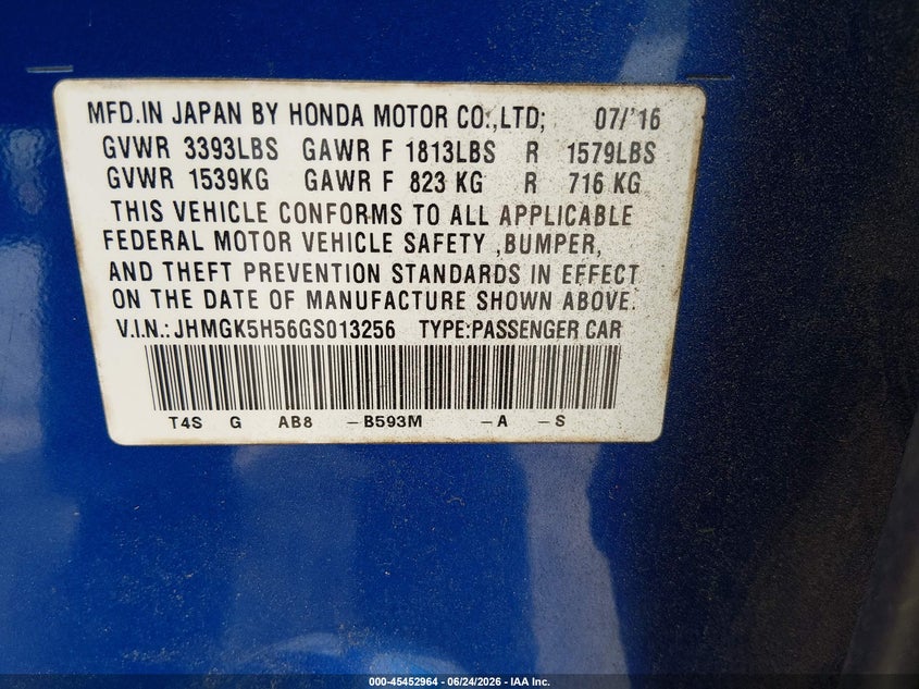2016 Honda Fit VIN JHMGK5H56GS013256 IAAI salvage auction — NORMAL WEAR, Clear (Georgia), sold $2,175 on 2026-07-09 (photo 9)