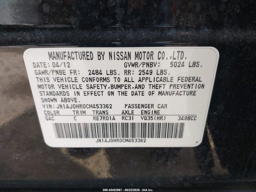2012 Infiniti VIN JN1AJ0HR0CM453362 IAAI salvage auction — REAR END, Clear (Indiana), sold $1,975 on 2026-07-07 (photo 9)