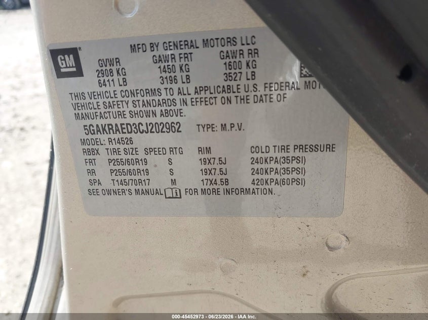 2012 Buick Enclave VIN 5GAKRAED3CJ202962 IAAI salvage auction — NORMAL WEAR, Clear-Endorsement (Wisconsin), sold $500 on 2026-07-09 (photo 9)