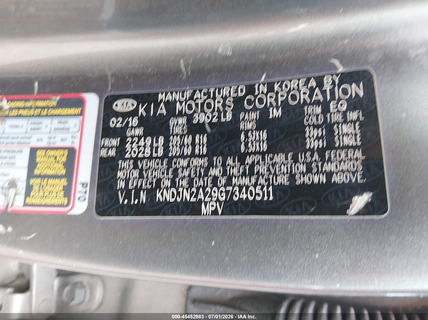 2016 Kia Soul VIN KNDJN2A29G7340511 IAAI salvage auction — REPOSSESSION, Salvage Title, sold $250 on 2026-07-22 (photo 9)