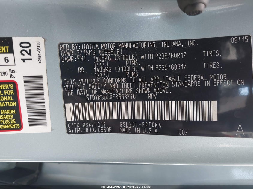 2015 Toyota Sienna VIN 5TDYK3DCXFS663746 IAAI salvage auction — NORMAL WEAR, Repossession Paperwork (Georgia), sold $2,200 on 2026-07-23 (photo 9)