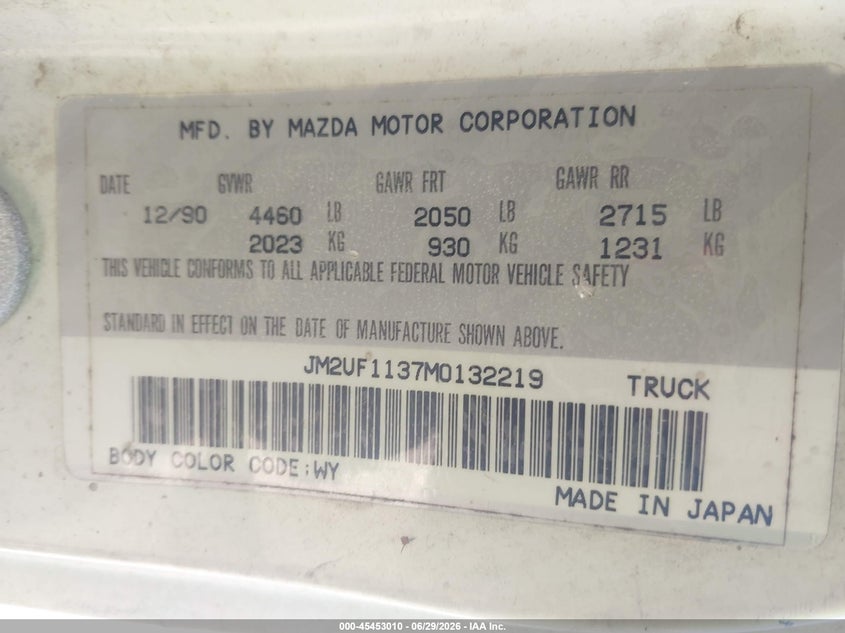 1991 Mazda B2200 VIN JM2UF1137M0132219 IAAI salvage auction — NORMAL WEAR, Clear (Georgia), sold $800 on 2026-07-09 (photo 9)