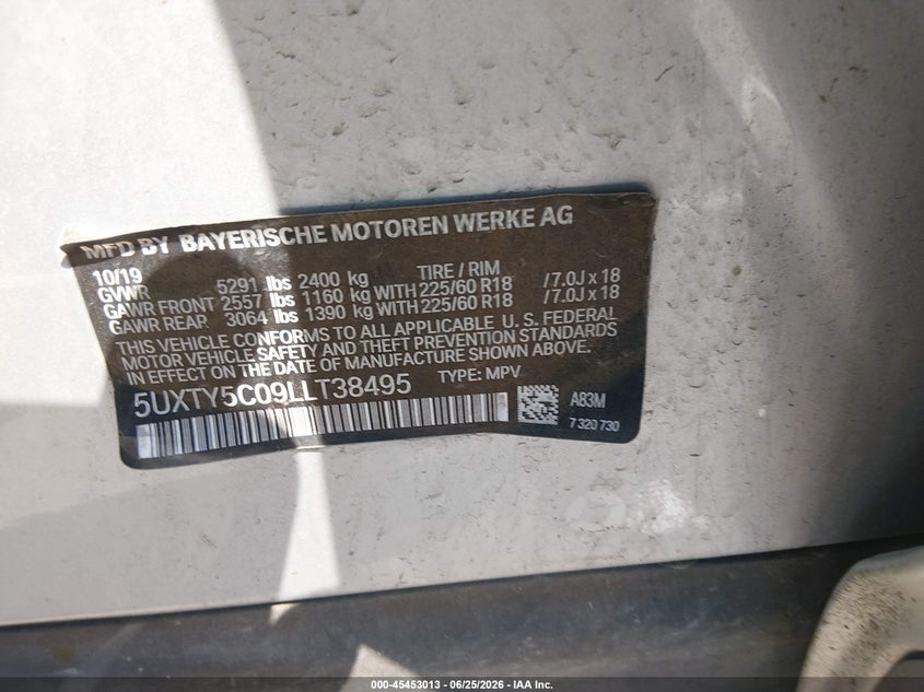 2020 BMW X3 VIN 5UXTY5C09LLT38495 IAAI salvage auction — FRONT & REAR, Salvage (Tennessee), sold $7,100 on 2026-07-31 (photo 9)