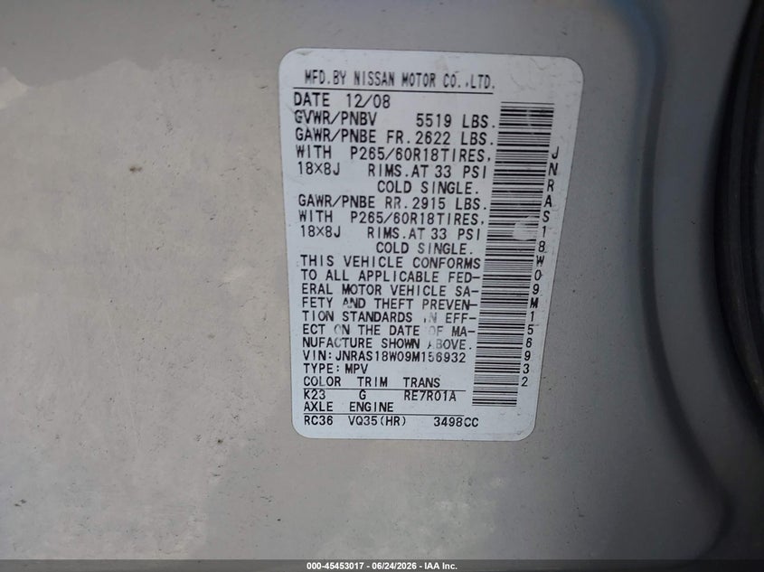 2009 Infiniti Fx VIN JNRAS18W09M156932 IAAI salvage auction — FRONT END, Salvage (Pennsylvania), sold $775 on 2026-08-01 (photo 9)