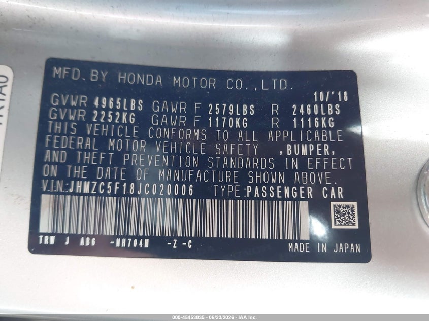 2018 Honda Clarity VIN JHMZC5F18JC020006 IAAI salvage auction — REAR END, Salvage Title, sold $2,850 on 2026-07-29 (photo 9)