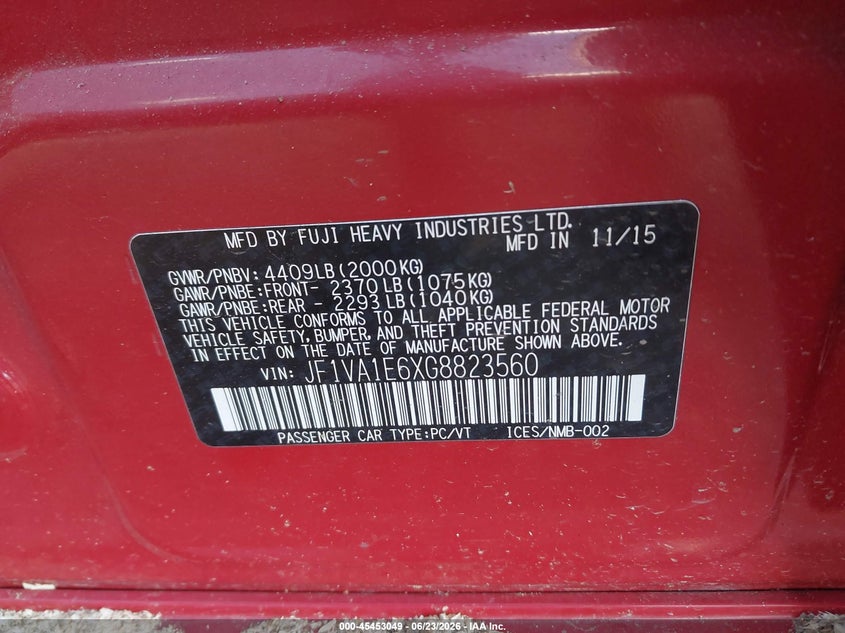 2016 Subaru Wrx VIN JF1VA1E6XG8823560 IAAI salvage auction — STORM DAMAGE, Salvage Title, sold $400 on 2026-07-28 (photo 9)