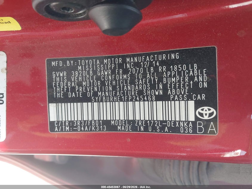 2015 Toyota Corolla VIN 5YFBURHE1FP245468 IAAI salvage auction — FRONT END, Enterprise Vehicles Clear Only (Texas), sold $2,000 on 2026-07-20 (photo 4)