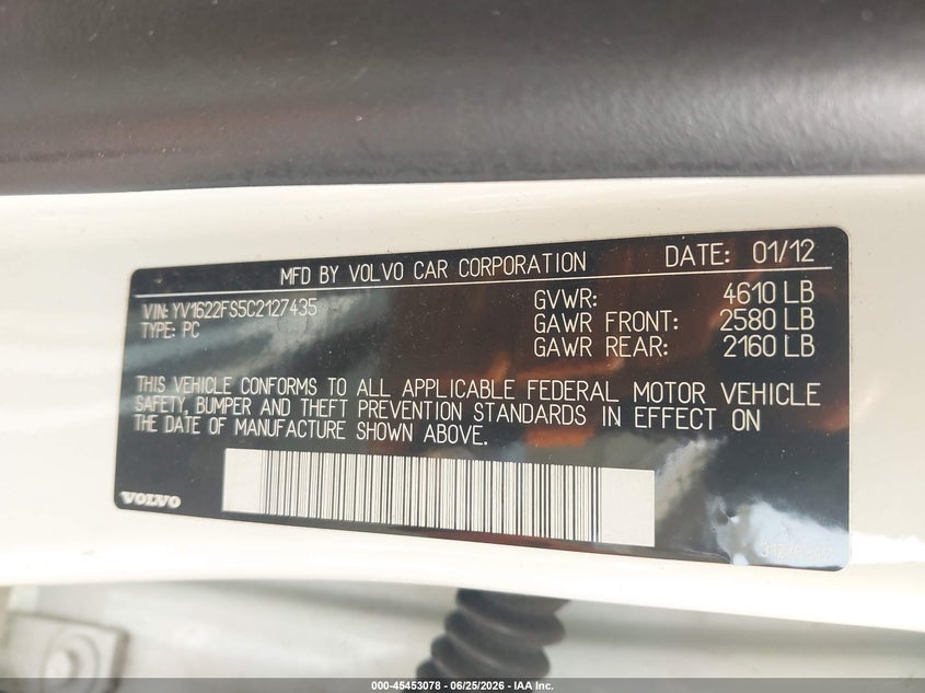 2012 Volvo S60 VIN YV1622FS5C2127435 IAAI salvage auction — FRONT END, Salvage - Greater Than 75% (Maryland), sold $500 on 2026-07-15 (photo 9)