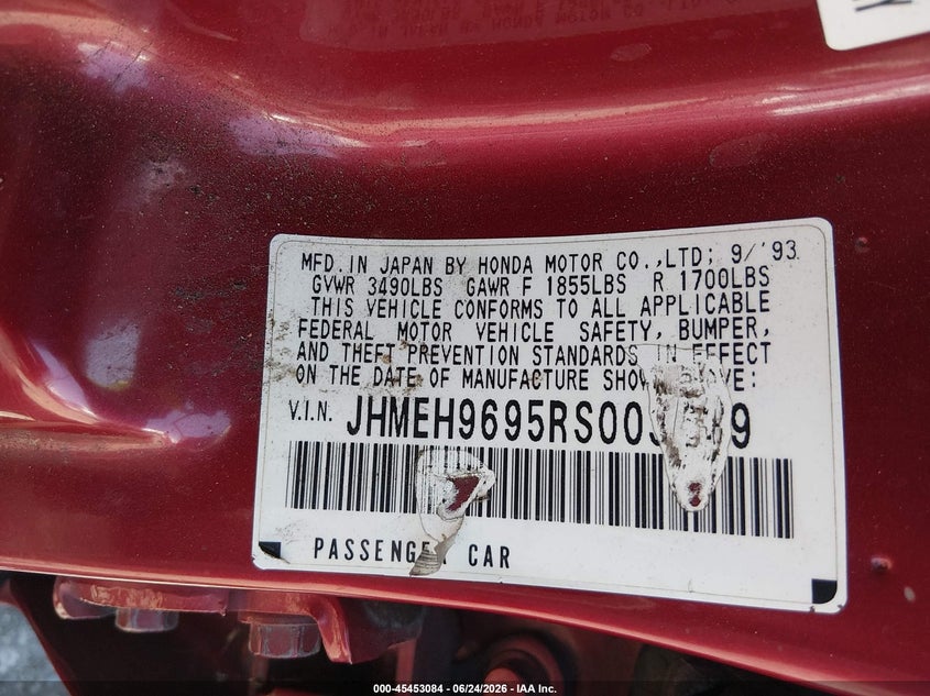 1994 Honda Civic VIN JHMEH9695RS003629 IAAI salvage auction — RIGHT REAR, Salvage (California), sold $450 on 2026-07-14 (photo 9)