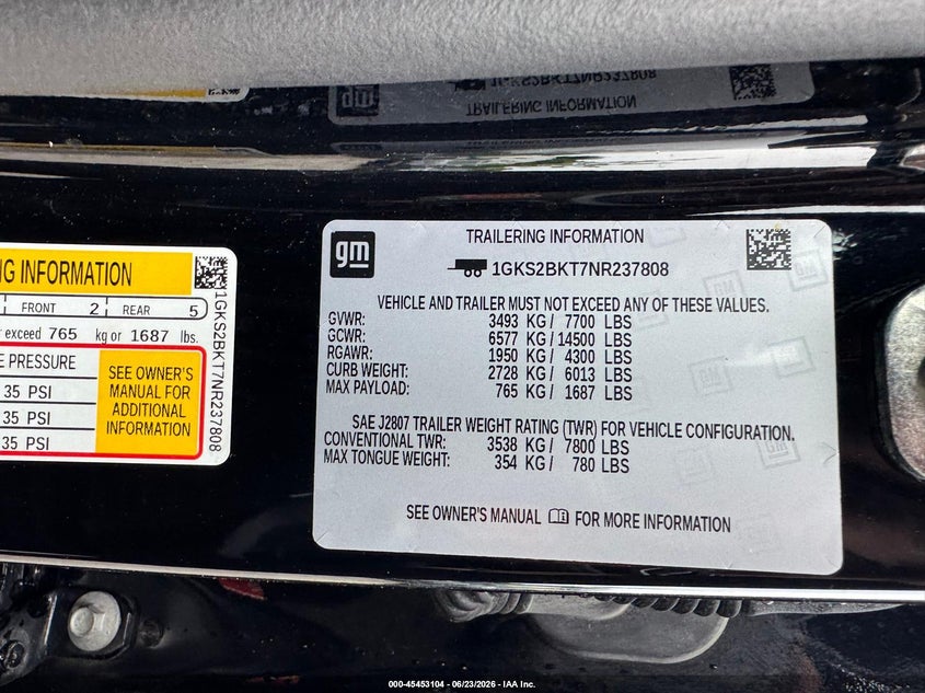 2022 Gmc Yukon VIN 1GKS2BKT7NR237808 IAAI salvage auction — UNKNOWN, Clear (Texas), sold $9,700 on 2026-07-19 (photo 9)