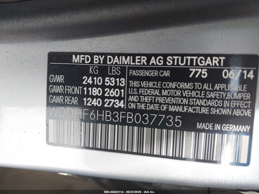 2015 Mercedes-benz E-klasse VIN WDDHF6HB3FB037735 IAAI salvage auction — FRONT END, Salvage Title, sold $4,450 on 2026-07-28 (photo 9)