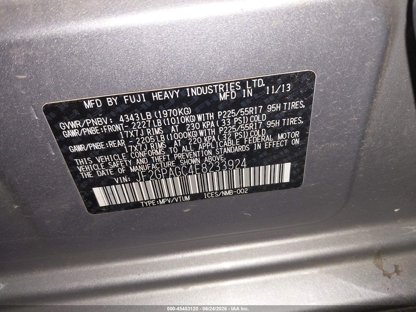 2014 Subaru Xv VIN JF2GPAGC4E8233924 IAAI salvage auction — LEFT FRONT, Salvage (Pennsylvania), sold $475 on 2026-07-23 (photo 9)