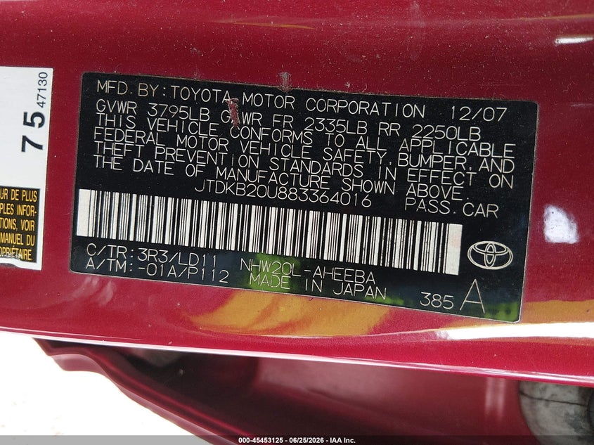 2008 Toyota Prius VIN JTDKB20U883364016 IAAI salvage auction — NORMAL WEAR, Clear (Georgia), sold $350 on 2026-07-24 (photo 9)