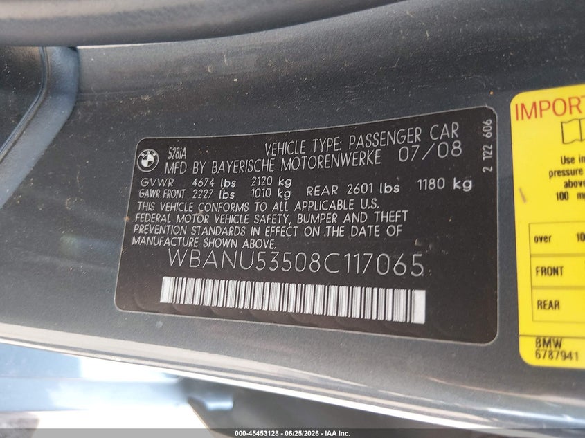 2008 BMW 5 series VIN WBANU53508C117065 IAAI salvage auction — SIDE, Salvage (Arizona), sold $225 on 2026-07-30 (photo 9)